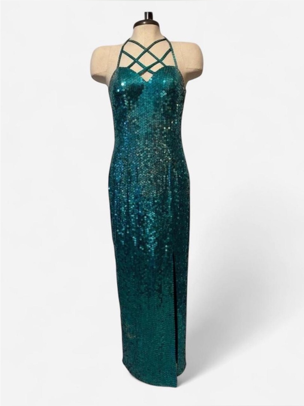 Vintage Y2K Adrianna Papell Teal Sequin Halter Prom Evening Gown Sz 8 NWT